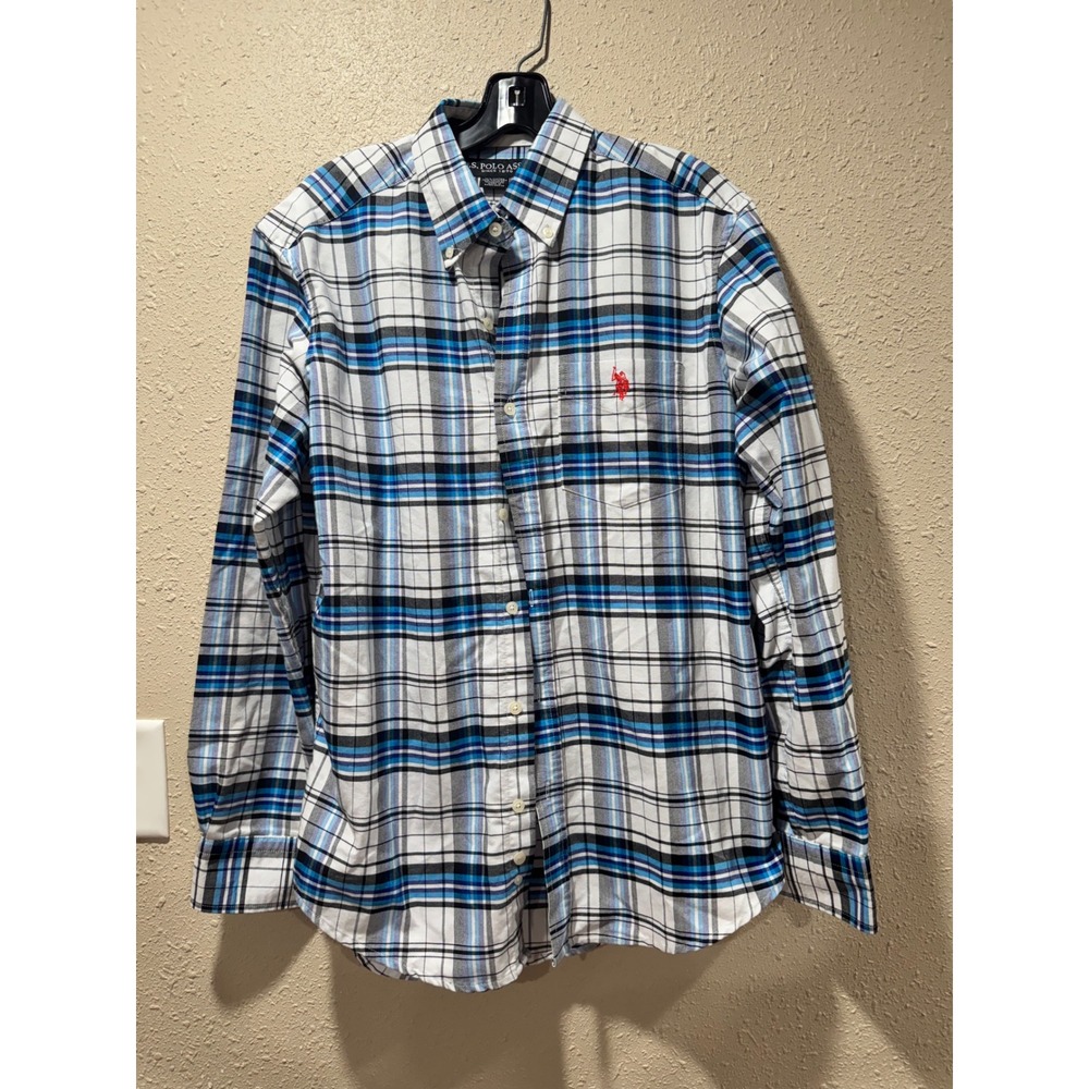 US Polo Assn Mens Plaid Button Down Shirt Blue White Black Long Sleeve Size M